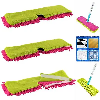 3x Double Sided Microfibre Mop Head Cloth Pad Refill 1 Chenille 1 Short Pile Set • £8.89