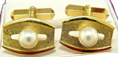 Mikimoto Pearl Cufflinks Cuff Links Men 14k Solid Yellow Gold • $799.99