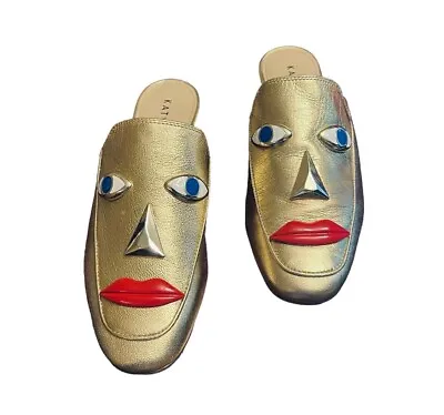 Katy Perry THE RUE Gold Mules Slides Size 6 Party Fun Artsy 3D Modern Glam Face • $55