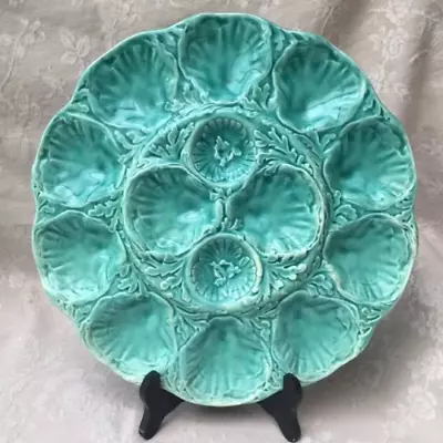 Vtg French GIEN 12.75  MAJOLICA OYSTER PLATTER TRAY Turquoise Blue Provence Azur • $325