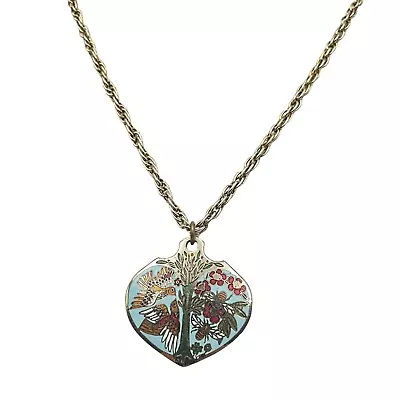 Vtg Cloisart Pendant Enamel Birds W Sarah Cov Gold Tone Chain Necklace Fan • $11.95