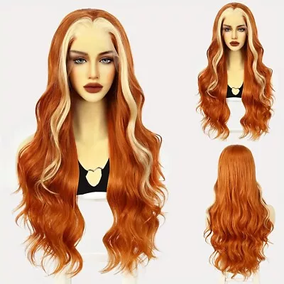 Skunk Stripe Lace Front Wig Long Wavy Hair Orange Wig With White Highlight USA  • $35.71