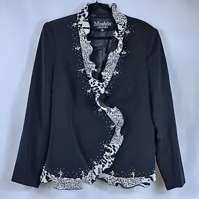 Moshita Couture Blazer Ruffle Collar Animal Print Sequins Black White Womens 14 • $45.99
