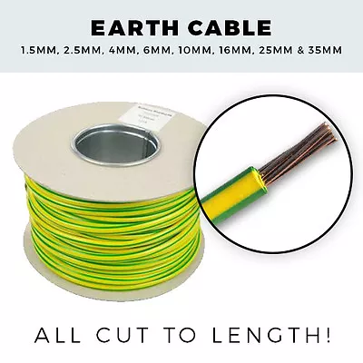 Earth Cable 1m - 100m Various Lengths 1.5mm- 35mm Green And Yellow Singles Cable • £1.30