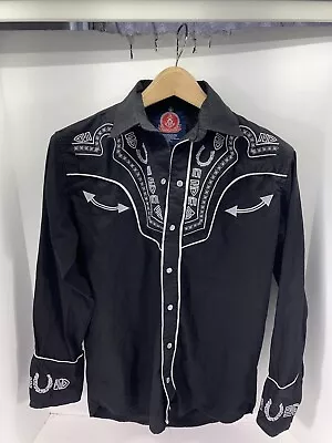 Pearl Snap Western Shirt Men Sz Small Black Embroidered Long Sleeve Mexico Rodeo • $24.95