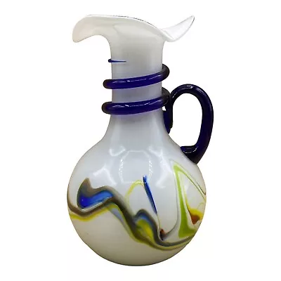 Murano Pitcher White Glass Swirls Cobalt Applied Handle 6.5” READ • $31.99