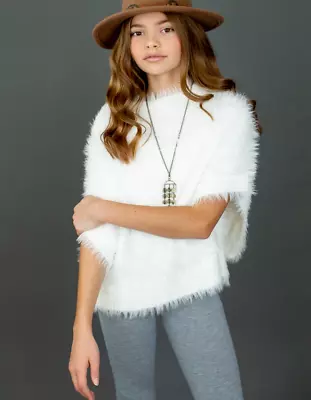 Joyfolie Women's Sweater Eliza S White Fuzzy Collarless Short Sleeves Crewneck • $28