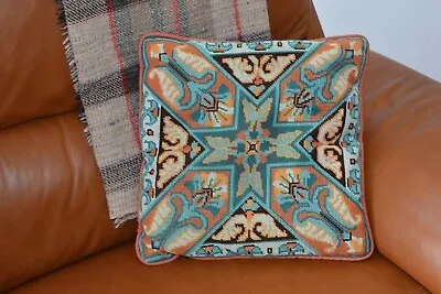 Vintage Needlepoint Tapestry Cushion Geometric Design Teal & Terracotta  • £20