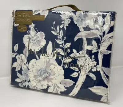 Nicole Miller Queen Duvet Cover Chinoiserie Eastern Floral Vines Navy Blue White • $89.80