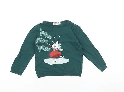H&M Girls Green Round Neck 100% Cotton Pullover Jumper Size 3-4 Years Pullover - • £3.50