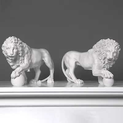 Medici Lions Statues - White Marble Cast Sculptures In Pair • $297.10