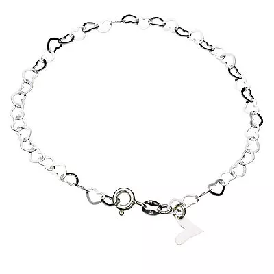 Solid 925 Sterling Silver Flat Heart Link Bracelet Adjustable Anklet ITALY B192 • $10.99