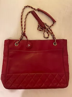 CHANEL Vintage Red Calfskin Classic Shoulder Tote Bag With Gold Tone Chains And • £750