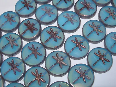 8 17mm Czech Glass Blue Opal With Bronze Finish  Dragonfly Coin Beads • $9.99