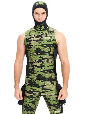  2MM Camo Spearfishing Wetsuit Vest Top With Hood Surf Shirt Diving Shorts Suit • $43.53