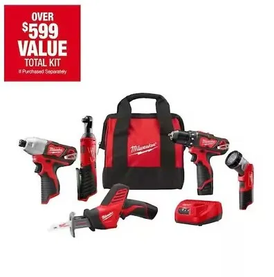 Milwaukee ‎2498-25H 12V 5-Piece Cordless Combo Kit W/ 2X Batteries Charger - NEW • $249.90