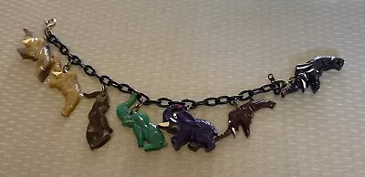 Vintage Carved Celluloid Elephant Charm Bracelet 7P On Black Plastic Chain 7  • $90