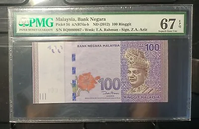 Malaysia Banknote Rm100 Pmg67epq Low Number Bq0000067 Zeti Gabenor • $118