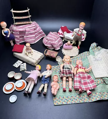 Lot Of 9 VINTAGE Miniature Baby Dolls & Handmade Doll House Accessories + More • $49.99