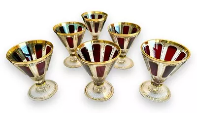 Six Moser Crystal Czech Style Goblets Napoleon III Crystal Ruby Cabochon 24kt • $985