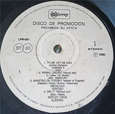 VARIOUS ARTISTS (METALLICA / MOTLEY CRUE) PERU PROMO RADIO WHITE LABEL Lp VG+ • $69.99