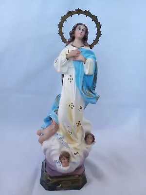 Virgin Mary Immaculate Conception Halo 3 Angels Spain 9.5  Vintage 40's Repaired • $101.99