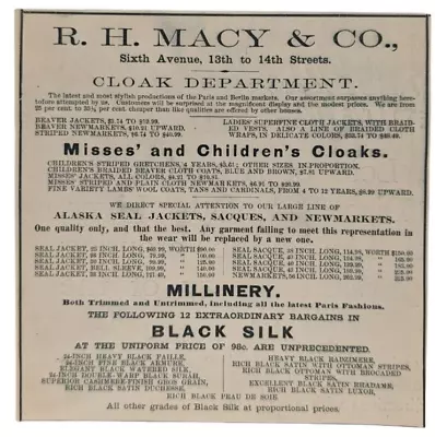 RH Macy Department Store Misses Children Cloaks Original 1800s Print Ad 5.5x5.5  • $14.50