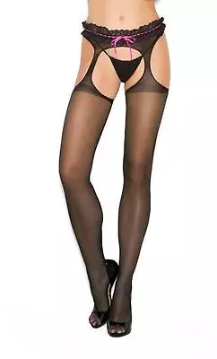 Sheer Suspender Pantyhose Lace Trim Pink Ribbon Top Crotchless Hosiery 1832 • $12.99