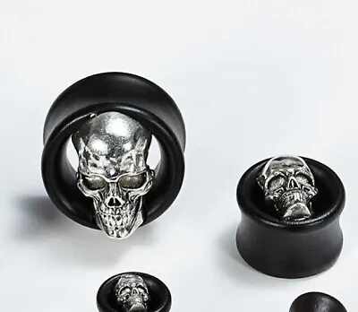 Pair Wood Metal Skull Ear Tunnels Ear Gauges Ear Plugs Body Jewelry Piercings • $16.37