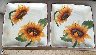 Set Of 2  SUNFLOWER Dinner Plates 11  Large Square Hand Painted China Maxcera • $19.99