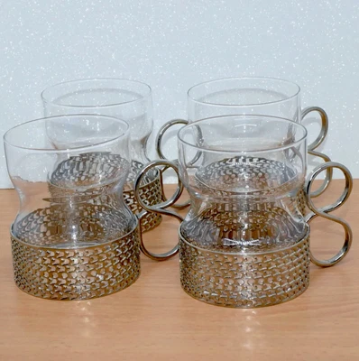 $35 • Buy Vintage Iittala TSAIKKA Tea Coffee Glass Cups X 4  - Metal Holders Finland