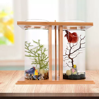 Glass Betta Fish Tank Bamboo Base Mini Aquarium Fish Tank For Desktop • $20.68