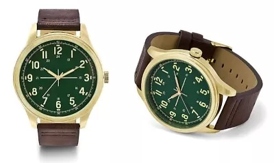 NEW Oak & Rush 4021A Mens Oversized Dark Brown Band Green Dial Yellow Gold Watch • $22.75