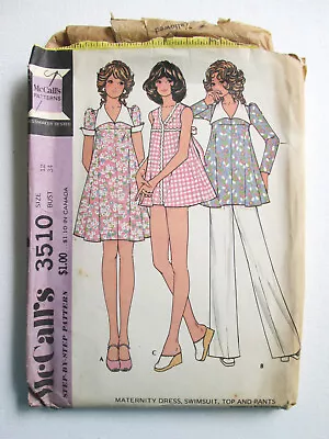McCall's 3510 Vintage 1973 MATERNITY Swing Dress Swimsuit Top Pant 12 Bust34 CUT • $9.99