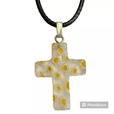 Yellow Murano Art Glass Cross Necklace Millefiori Flowers Vintage Black Cord 18  • $14.99