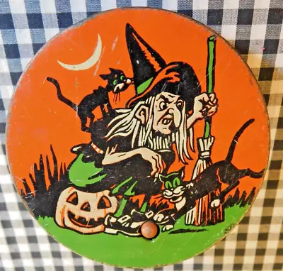 Vintage Halloween Tin Noise Maker Witch With Pumpkin Black Cats • $24.95