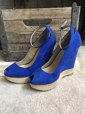 ZARA BASICS Platform Espadrilles Wedge Peep Toe In Faux Suede - Royal Blue 39 9 • $32.99