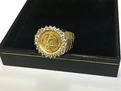 Mexican Dos Pesos Coin Wedding Ring 2 Ct Round Diamond 14k Yellow Gold Plated • $147.69