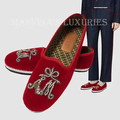 $299 • Buy Gucci Mens Shoes Red Velvet Moccasin Loafers Pearl Am Applique $980 7.5 Us 8