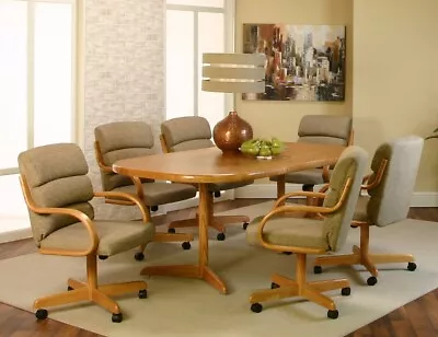 7-Piece Dining Set 42x[54/72] Oak Wood Edge Laminate Table & Oak/Pewter Chairs • $3499