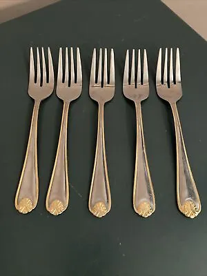 $15 • Buy Stainless Steel Flatware Silver With Gold Seashell And Rim 5 Piece Salad Forks