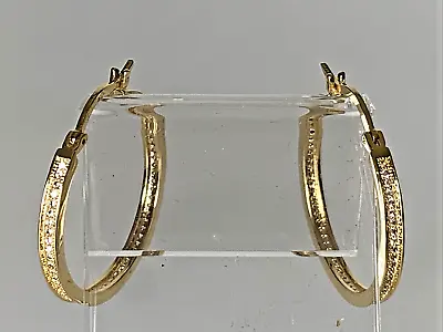 Gold Tone CZ Micro Pave Round Hoop 1.25  Earrings • $10