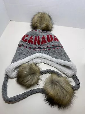 Olympic Gray Canada Pom Pig Tail Beanie Winter Hat Hudson Bay Warm Knit Lined • £21.72