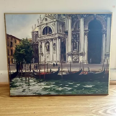 VTG Framed Print On Wood Venice Italy Seaside Dock Harbor Gondolas Church Signed • $24.99