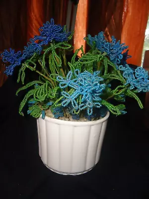 French Glass Seed Beaded Blue Flowers + Leaves LARGE Arrangement In Vintage Pot • $19.99