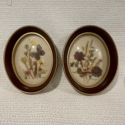 Vtg CONVEX Glass Art Picture Frames LOT OF 2 Dried Flowers Butterfly OVAL Signed • $26