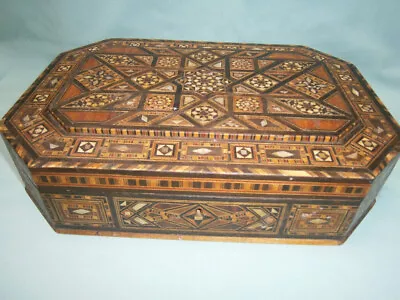 Antique Tunbridge Intricate Parquetry Wood & Bone/mop Inlay Jewellery Sewing Box • $199