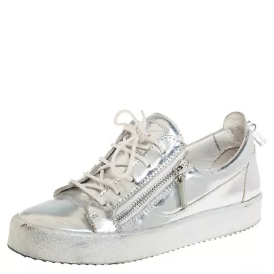 Giuseppe Zanotti Silver Leather Lace Up Sneakers Size 40 • $142.80