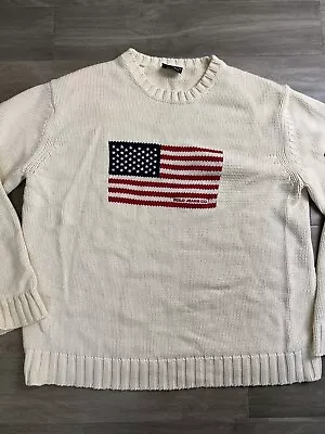VTG 90s Polo Jeans Co Ralph Lauren USA Flag Sweater Mens Large Cream Knit Baggy • $90