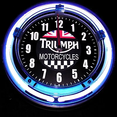 TRIUMPH MOTORCYCLES FLAGS DESIGN LOGO - 11  Blue Neon Wall Clock • $84.99